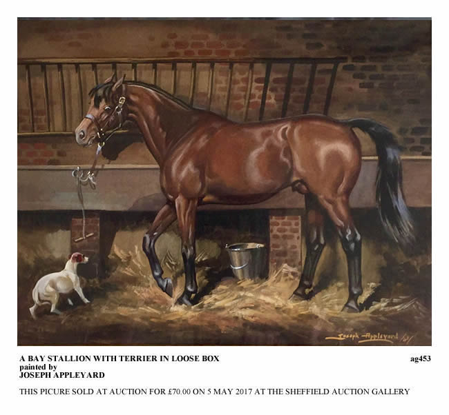 A BAY STALLION WITH TERRIER IN LOOSE BOX pianted by JOSEPH APPLEYARD