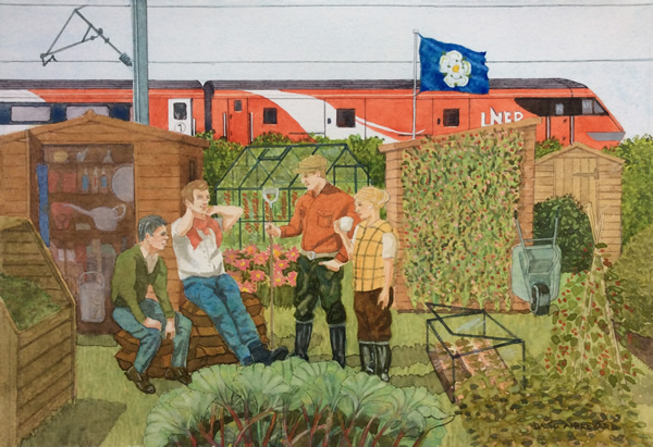 ENJOYING A BREAK AT THE ALLOTMENTS painted by DAVID APPLEYARD